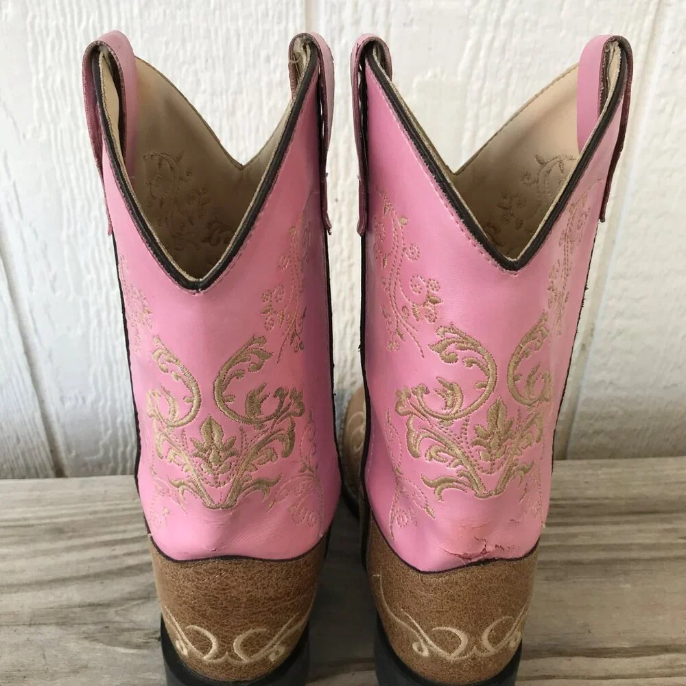 Old West Girls Kid Tan Leather and Pink Western Boots 3.0 D